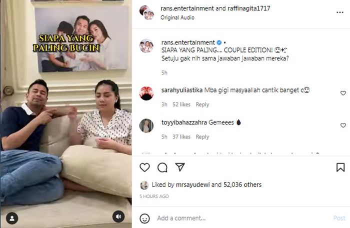 Raffi Ahmad dan Nagita Slavina bikin konten bareng.