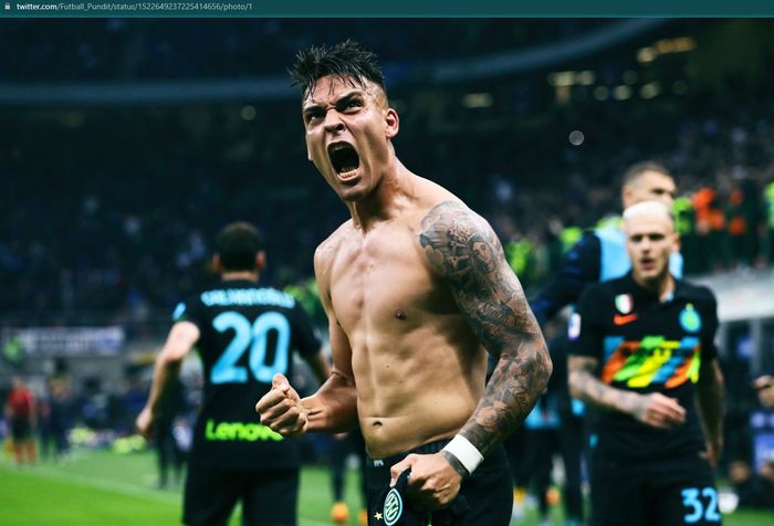 Ekspresi Lautaro Martinez usai mencetak gol keduanya ke gawang Empoli dan mengantarkan Inter Milan menang comeback 4-2 pada giornata ke-36 Liga Italia 2021-2022.