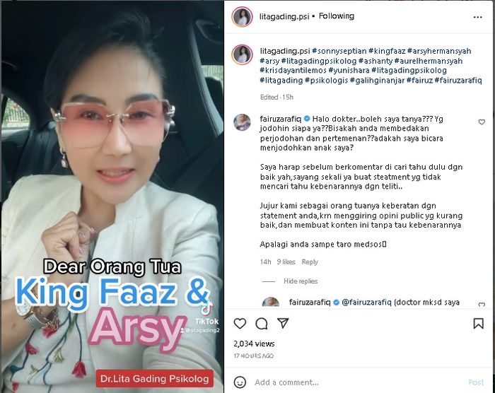 Unggahan Lita Gading mengenai perjodohan King Faaz dan Arsy Hermansyah.