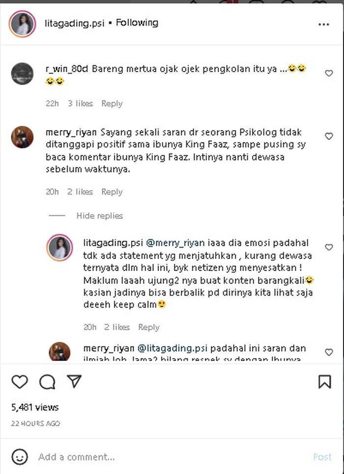 Komentar netizen dan Lita Gading terkait tanggapan Fairuz Arafiq. 