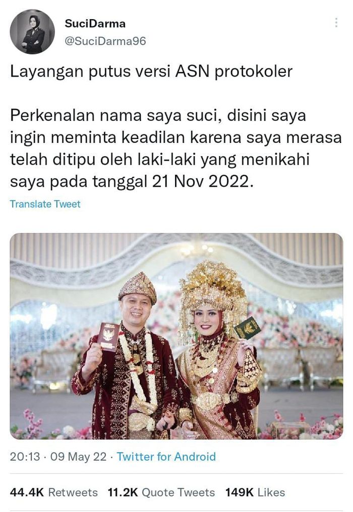 Screenshot cuitan Briptu Suci Darma di Twitter.