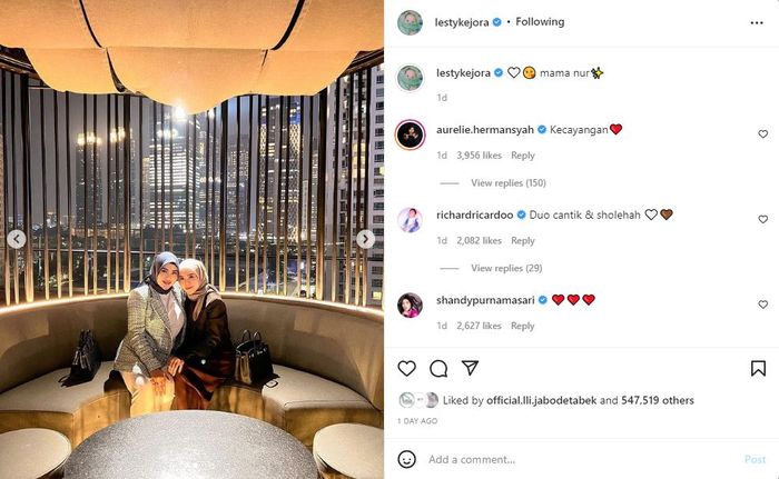 Lesti Kejora unggah foto bareng Aurel Hermansyah.
