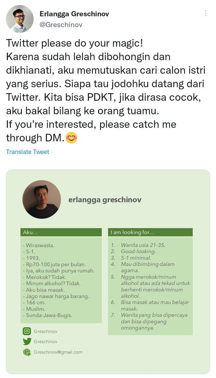 Cuitan Erlangga Greschinov di Twitter. 