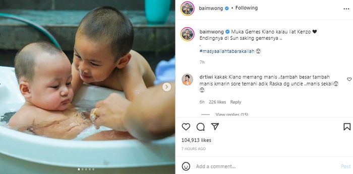 Baim Wong pamer foto Kiano mencium Kenzo.