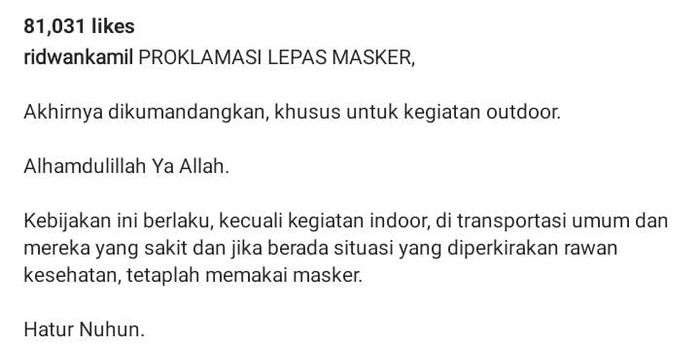 Potongan caption unggahan terbaru di Instagram Ridwan Kamil. 