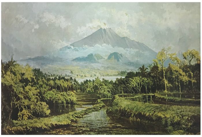Lukisan karya Abdullah Suriosubroto sekitar 1900-1930, bertajuk 'Pemandangan di sekitar Gunung Merapi'.