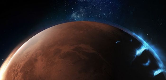 Ilustrasi tentang aurora diskrit di Mars.
