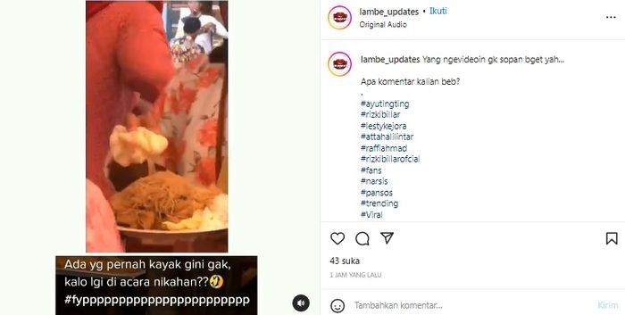 Seorang wanita mengambil banyak makanan di sebuah pesta pernikahan 