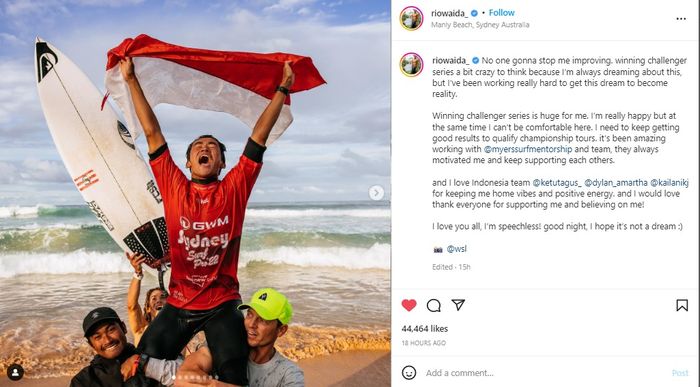 Unggahan kemenangan Rio Waida. 