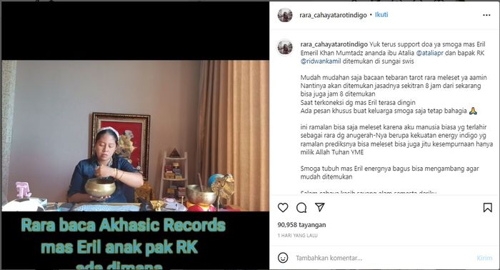 Mbak Rara ramalkan nasib Eril, anak Ridwan Kamil yang terseret arus sungai di Swiss.