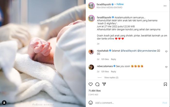 Unggahan foto putra pertama Faradilla Yoshi. 