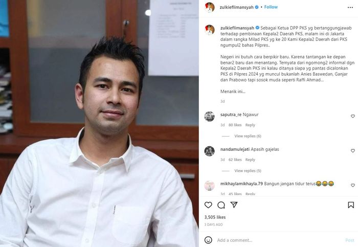 Unggahan Ketua DPP PKS Zulkieflimansyah yang sebut Raffi Ahmad cocok jadi capres 2024.