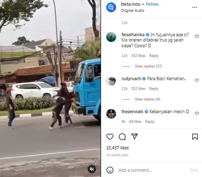 segerombolan pemuda menabrakkan diri ke sebuah truk yang sedang melaju 