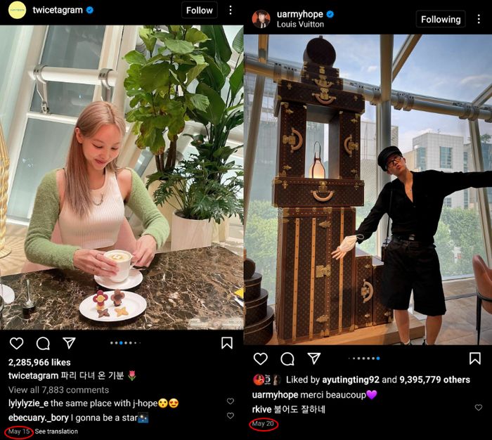 Kolase postingan Nayeon dan J-Hope saat makan di sebuah restoran Perancis