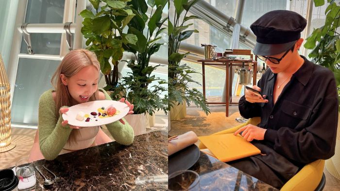 Kolase postingan Nayeon dan J-Hope saat makan di sebuah restoran Perancis