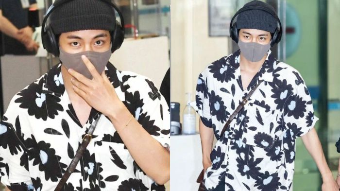 Kolase foto V saat tiba di Bandara Internasional Incheon