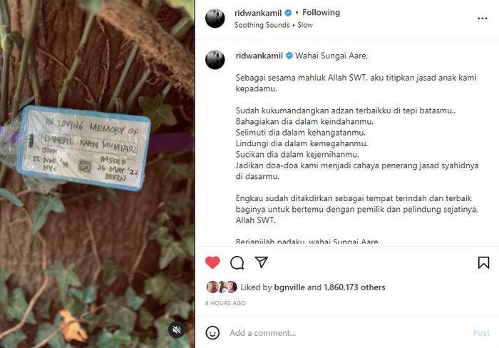 Unggahan Ridwan Kamil yang mengumumkan Eril meninggal dunia.