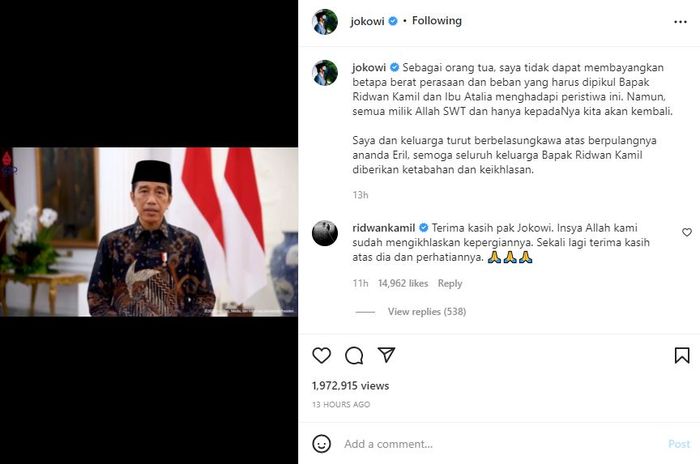 Presiden Jokowi ungkapkan turut belasungkawa atas kepergian Eril.