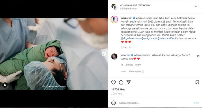 Unggahan momen persalinan Eriska Rein