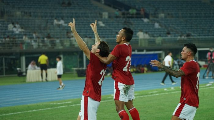 Selebrasi pemain timnas Indonesia usai mencetak gol ke gawang Kuwait