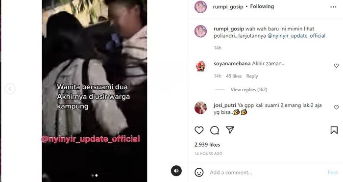Unggahan akun Instagram @rumpi_gosip mengenai video pengusiran seorang wanita di Riau.
