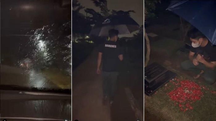 Chand Kelvin ziarah ke makam Olga Syahputra saat hujan deras 