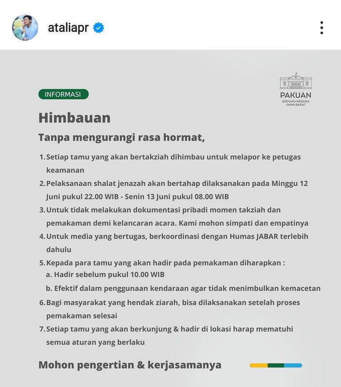 Unggahan Atalia Praratya soal peraturan pemakaman Eril.