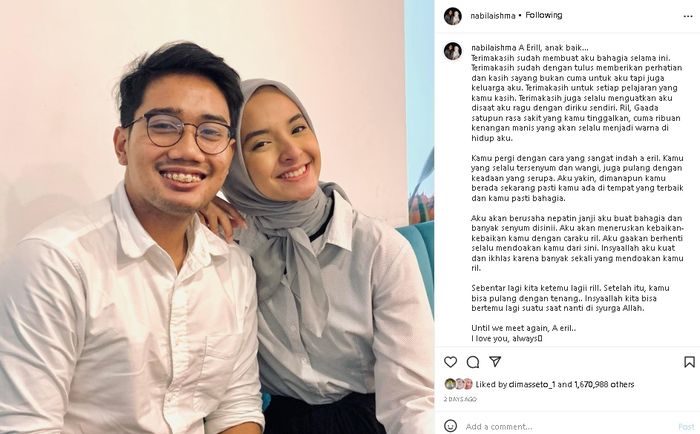 Unggahan pacar anak Ridwan Kamil mengenai keikhlasannya melepaskan Emmeril Kahn. 