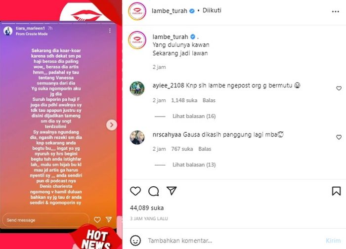 Story Instagram Tiara Marleen yang diduga sindir Puput 