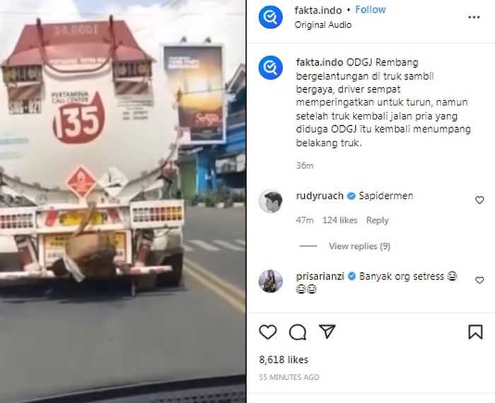 ODGJ melakukan atraksi di belakang truk.