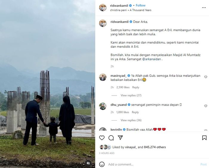 Unggahan Ridwan Kamil saat menyampaikan pesan untuk putra bungsunya, Arka.