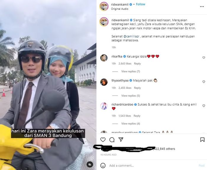 Unggahan Ridwan Kamil saat rayakan kelulusan Zara dari SMA.