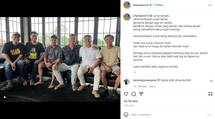 Unggahan Instagram Irfan Hakim.