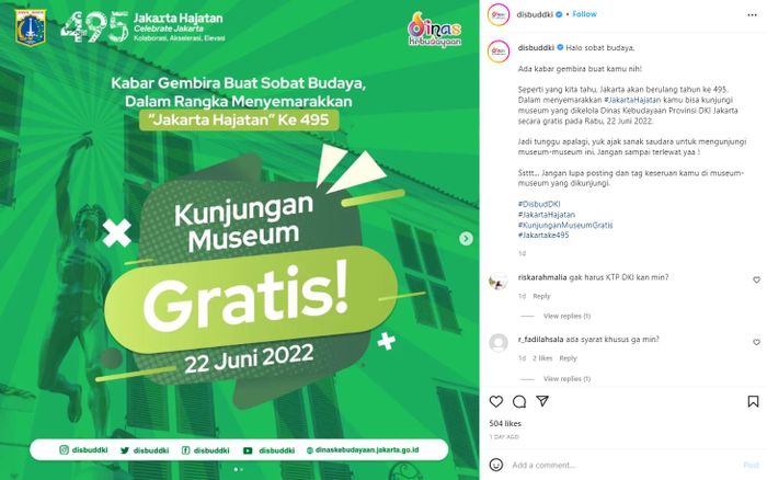 Pemprov DKI Jakarta gratiskan tiket masuk museum di ulang tahun Jakarta ke-495 hari ini.