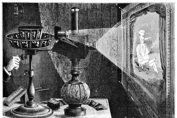 Cara kerja sebuah praxinoscope proyeksi pada tahun 1882.