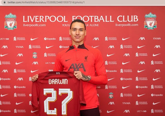 Penyerang anyar Liverpool, Darwin Nunez, akan mengenakan jersei nomor 27.