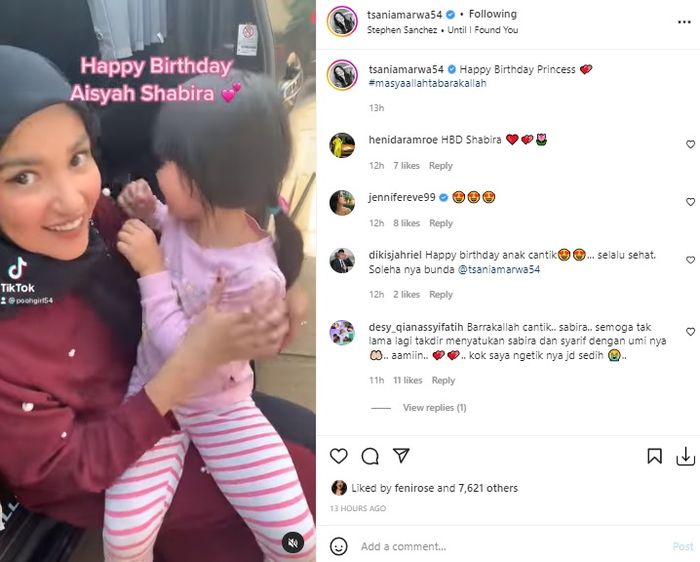 Tsania Marwa ucapkan selamat ulang tahun untuk putrinya lewat Instagram karena belum bisa berjumpa 