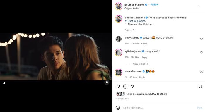 Postingan Maxime Bouttier unggah video trailer film 'Ticket To Paradise'.