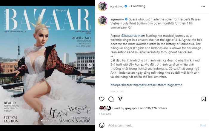 Agnez Mo unggah potret dirinya jadi cover majalah Harper's Bazaar Vietnam.