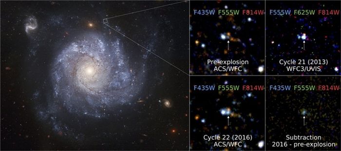 Kiri: Gambar berwarna Galaxy NGC 1309 sebelum Supernova 2012Z. Kanan: Searah jarum jam dari kanan atas: posisi pra-ledakan supernova; SN~2012Z selama kunjungan tahun 2013; perbedaan antara gambar pra-ledakan dan pengamatan 2016; lokasi SN~2012Z dalam pengamatan terakhir tahun 2016.