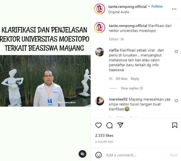 Rektor Universitas Prof. Dr. Moestopo, Prof. Dr. H. Paiman Raharjo, M.M., M.Si angkat bicara terkait pengakuan Mayang