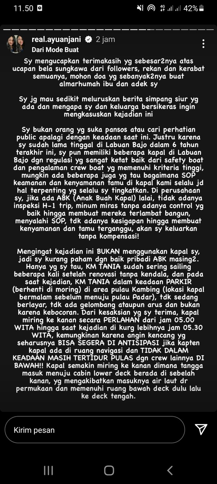 Ayu Anjani mengungkapkan alasan dirinya melaporkan kru kapal yang mengakibatkan ibu dan adiknya tenggelam dan hingga meninggal dunia.
