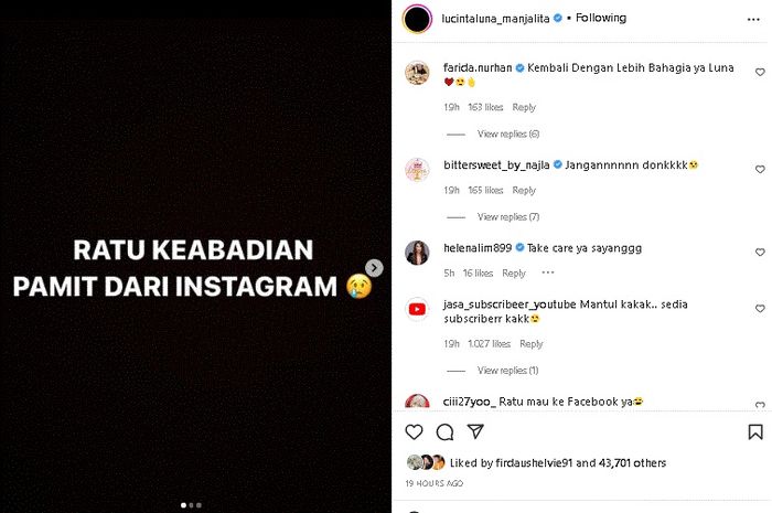 Unggahan Lucinta Luna yang pamit dari Instagram.