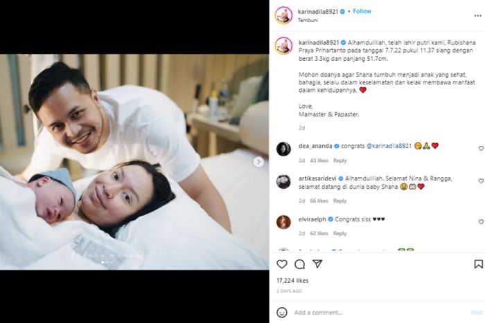 Unggahan momen persalinan Karina Nadila. 
