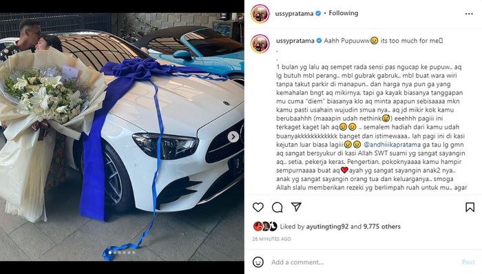 Postingan Ussy Sulistiawaty dihadiahi mobil oleh Andhika Pratama.