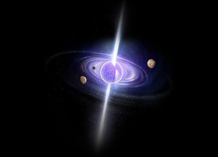 Ilustrasi pulsar PSR B1257+12 dengan ketiga planetnya yang diberi nama Draugr, Poltergeist dan Phobetor.