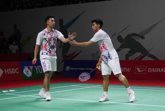 Pasangan ganda putra Indonesia, Sabar Karyaman Gutama/Moh Reza Pahlevi Isfahani pada Indonesia Masters 2022 di Istora Senayan, Jakarta, Juni.