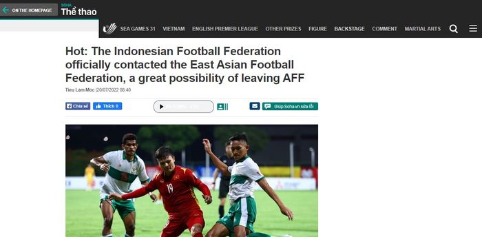 Artikel soal PSSI kontak EAFF dalam media Vietnam, Soha.vn.