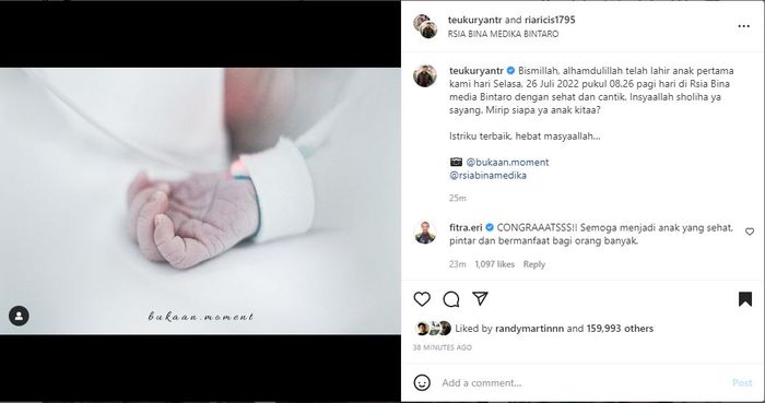 Ria Ricis melahirkan, Teuku Ryan ucap rasa syukur