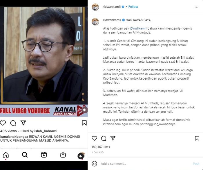 Unggahan Instagram Ridwan Kamil. 